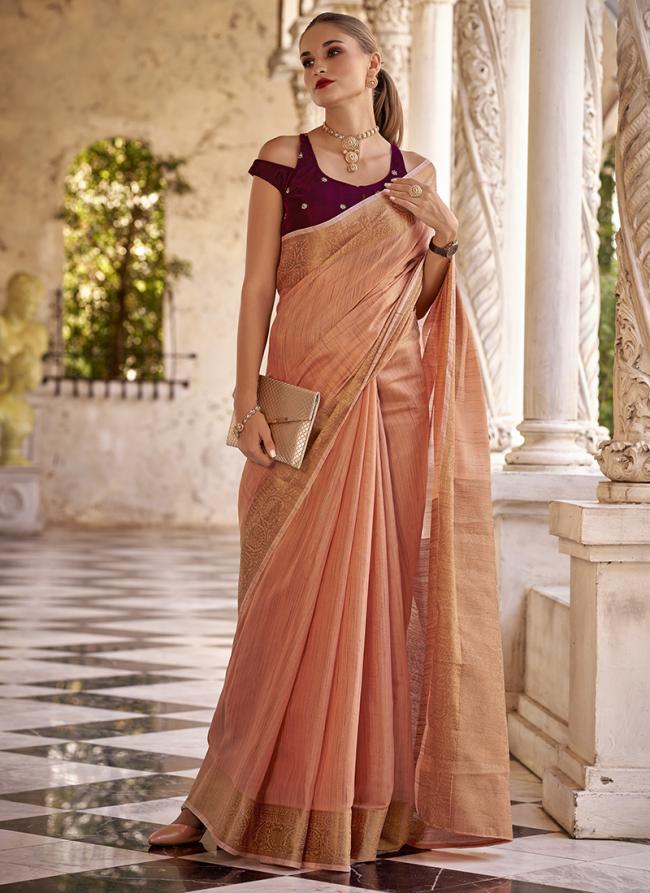 Linen Orange Casual Wear Zari Work Saree